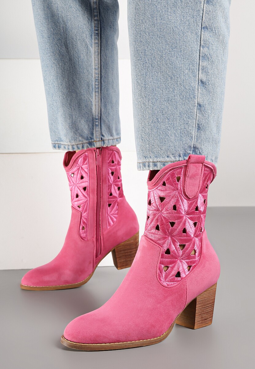 Fuksjowe Botki Kowbojki Vices na Słupku z Geometrycznym Motywem Sarori