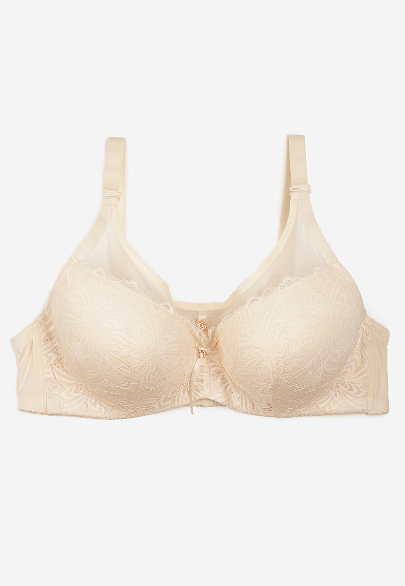 Beżowy Koronkowy Biustonosz Full Cup Ozdobiony Cyrkoniami Helleboria