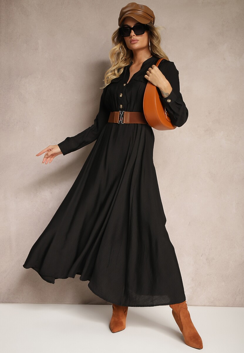 Czarna Koszulowa Sukienka o Rozkloszowanym Kroju z Paskiem i Gumką Zinfretta