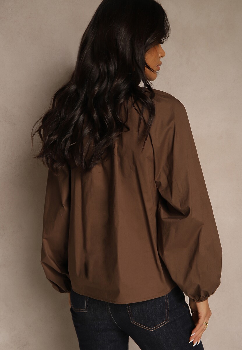 Brązowa Bawełniana Koszula Ozdobiona Marszczeniem i Guzikami z Cyrkoniami Zenana