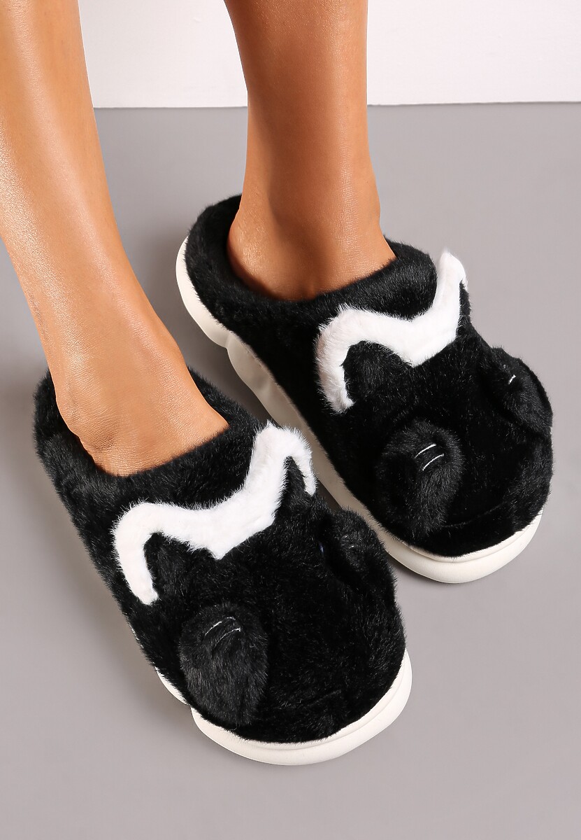 Czarne Futrzane Kapcie na Platformie Kiira