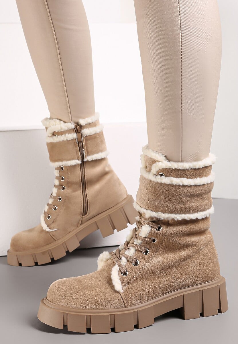 Ciemnobeżowe Botki Workery na Grubej Podeszwie z Futerkiem Valiro