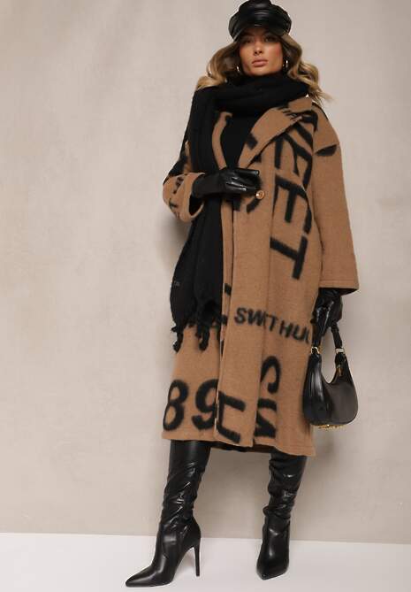 Ciemnobeżowy Luźny Płaszcz Wełniany w Ozdobny Nadruk Misganna