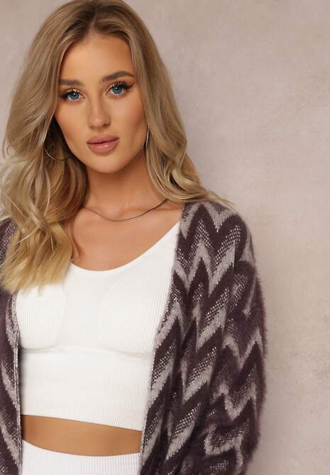 Ciemnofioletowy Niezapinany Kardigan o Przedłużonym Fasonie w Zygzaki Chevron Oherna