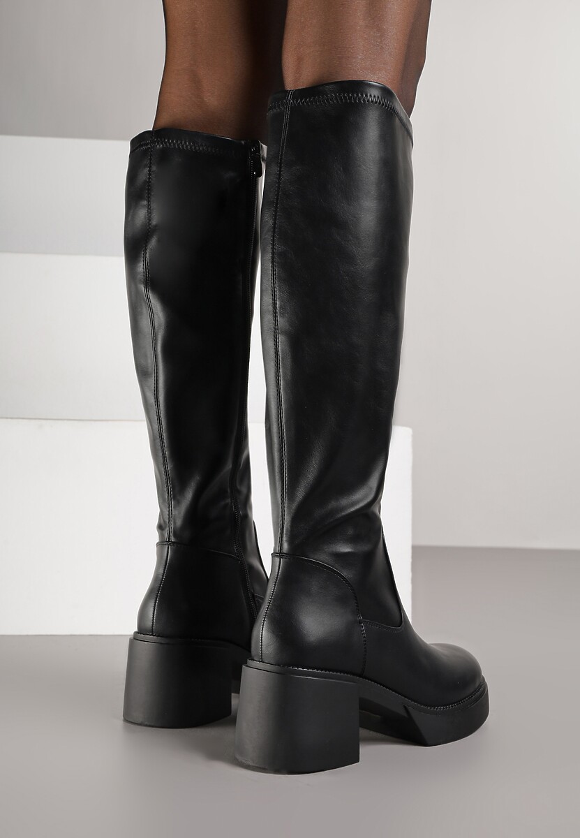 Czarne Kozaki Przed Kolano z Ekoskóry na Słupku Zapinane na Zamek Stallata