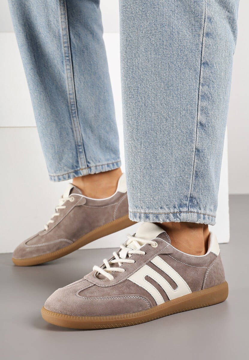 Brązowe Sneakersy Tenisówki ze Skóry Naturalnej z Geometrycznym Wzorem Carolie