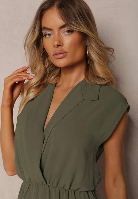 Ciemnozielony Taliowany Kombinezon z Gumką w Pasie i Kopertowym Dekoltem Nansilyne