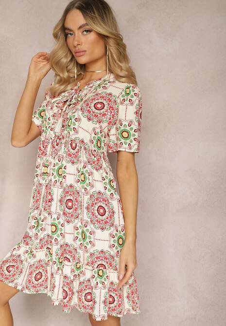 Czerwona Sukienka z Wiskozowej Tkaniny w Mozaikowy Wzór Boho Naviera