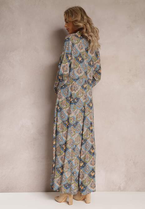 Niebiesko-Zielona Sukienka Koszulowa we Wzór Paisley Zeli