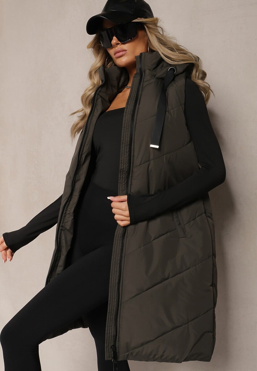 Czarna Kamizelka Ozdobiona Pikowaniem ze Sznurkami i Kapturem Mivirina