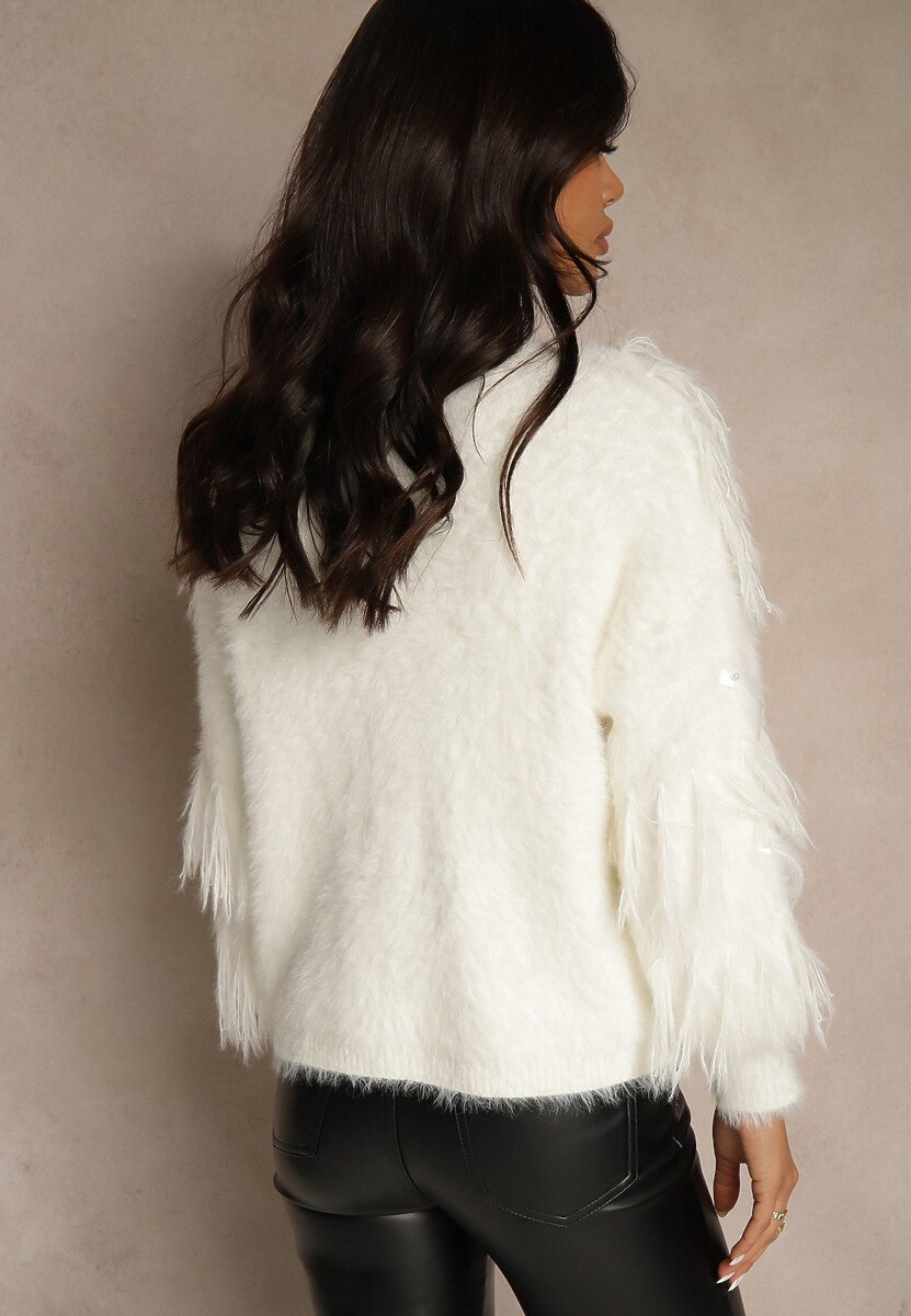 Jasnobeżowy Kardigan z Dzianiny z Wełną Imitującą Pióra z Perłowymi Guzikami Meviatta