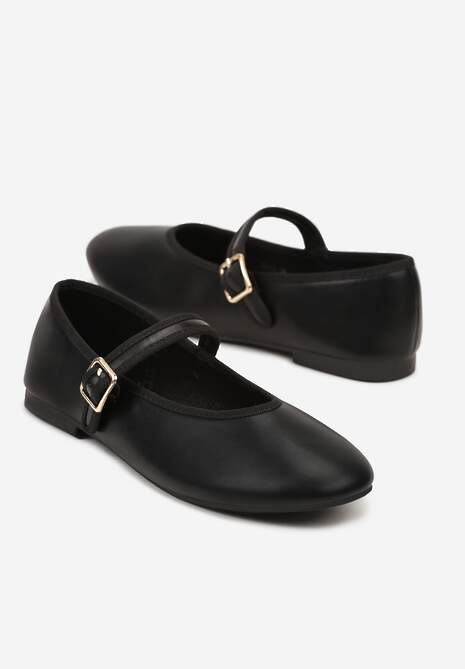 Czarne Balerinki na Płaskiej Podeszwie Zapinane na Sprzączkę Sedela