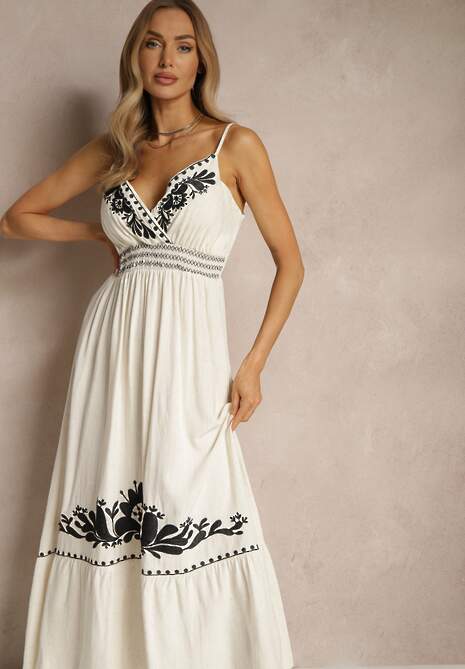 Biała Sukienka z Wiskozą i Lnem z Kopertowym Dekoltem Ozdobiona Haftem Sollio