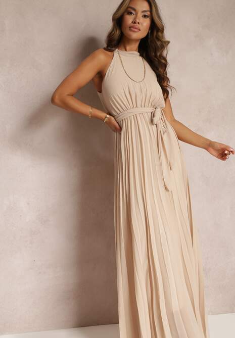 Beżowa Sukienka Maxi bez Rękawów z Gumką w Talii z Plisowanej Tkaniny Pesstia