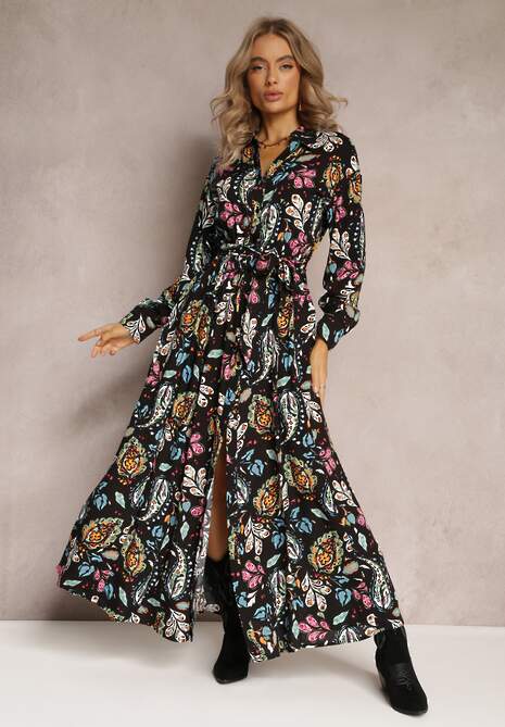 Czarna Wiskozowa Sukienka Koszulowa w Roślinny Wzór Phellane