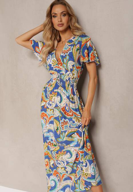 Niebieska Rozkloszowana Sukienka z Bawełny o Kopertowym Kroju w Print Paisley Piavella
