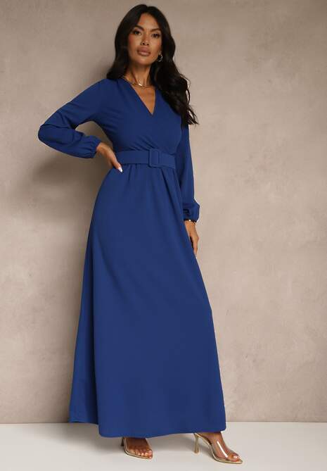 Niebieska Koktajlowa Sukienka o Rozkloszowanym Kroju z Ozdobnym Paskiem Feliera