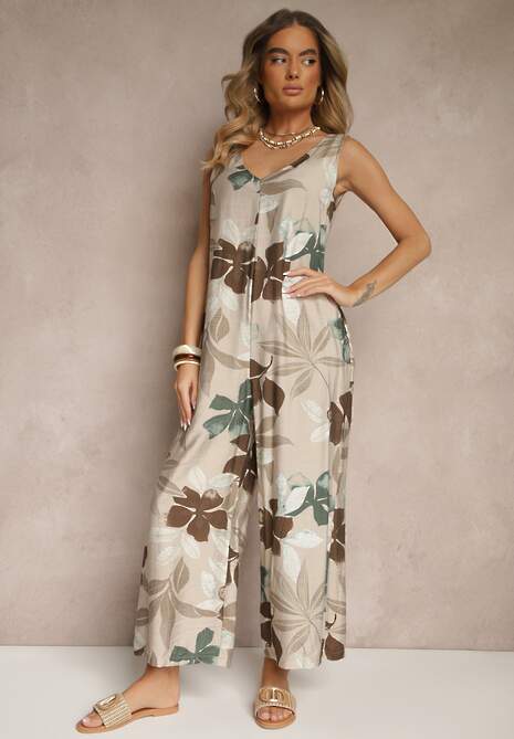 Beżowy Kombinezon Wide Leg z Wiskozą na Ramiączkach Filitiela