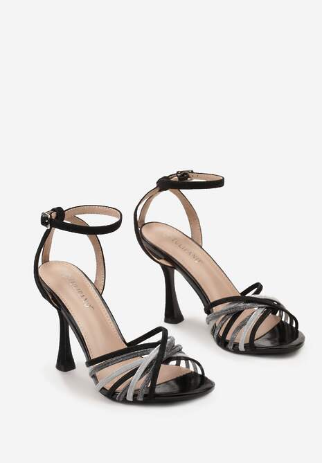 Czarne Sandały Zapinane wokół Kostki na Szpilce z Brokatem Naien