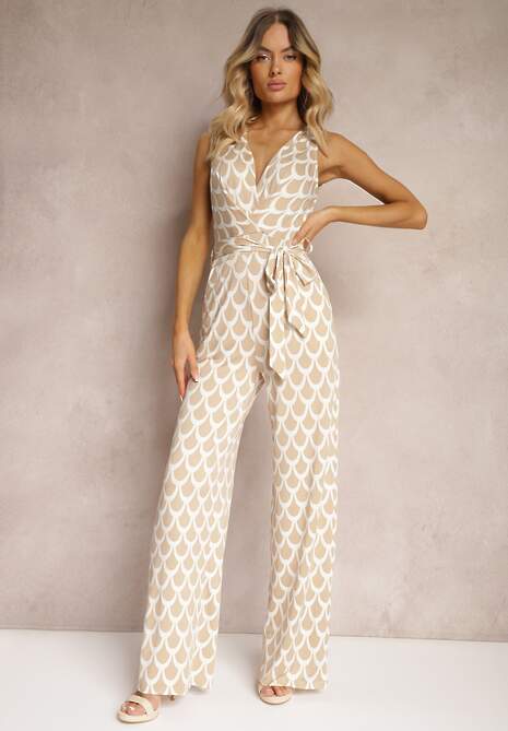Beżowy Kombinezon o Taliowanym Kroju z Trójkątnym Dekoltem i Paskiem w Talii Geranea