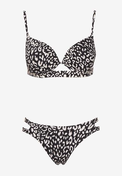 Czarne Bikini w Panterkowy Wzór Biustonosz i Majtki Figi Zdobione Wycięciami Savrienne