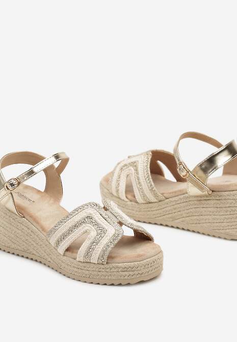 Złote Sandały na Koturnie Zdobione Metaliczną Nicią Zapinane Wokół Kostki Tulolia