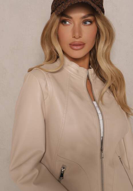 Jasnobeżowa Kurtka Typu Ramoneska ze Stójką o Taliowanym Kroju Zalithara