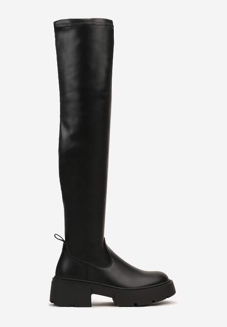 Czarne Kozaki Muszkieterki na Tłoczonej Podeszwie o Dopasowanych Cholewkach za Kolano Daistelle