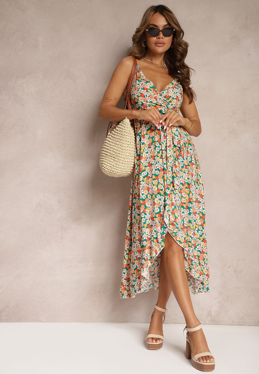 Zielono-Różowa Sukienka z Bawełny na Ramiączkach z Asymetrycznym Rozcięciem i Dekoltem w Serek Milloa