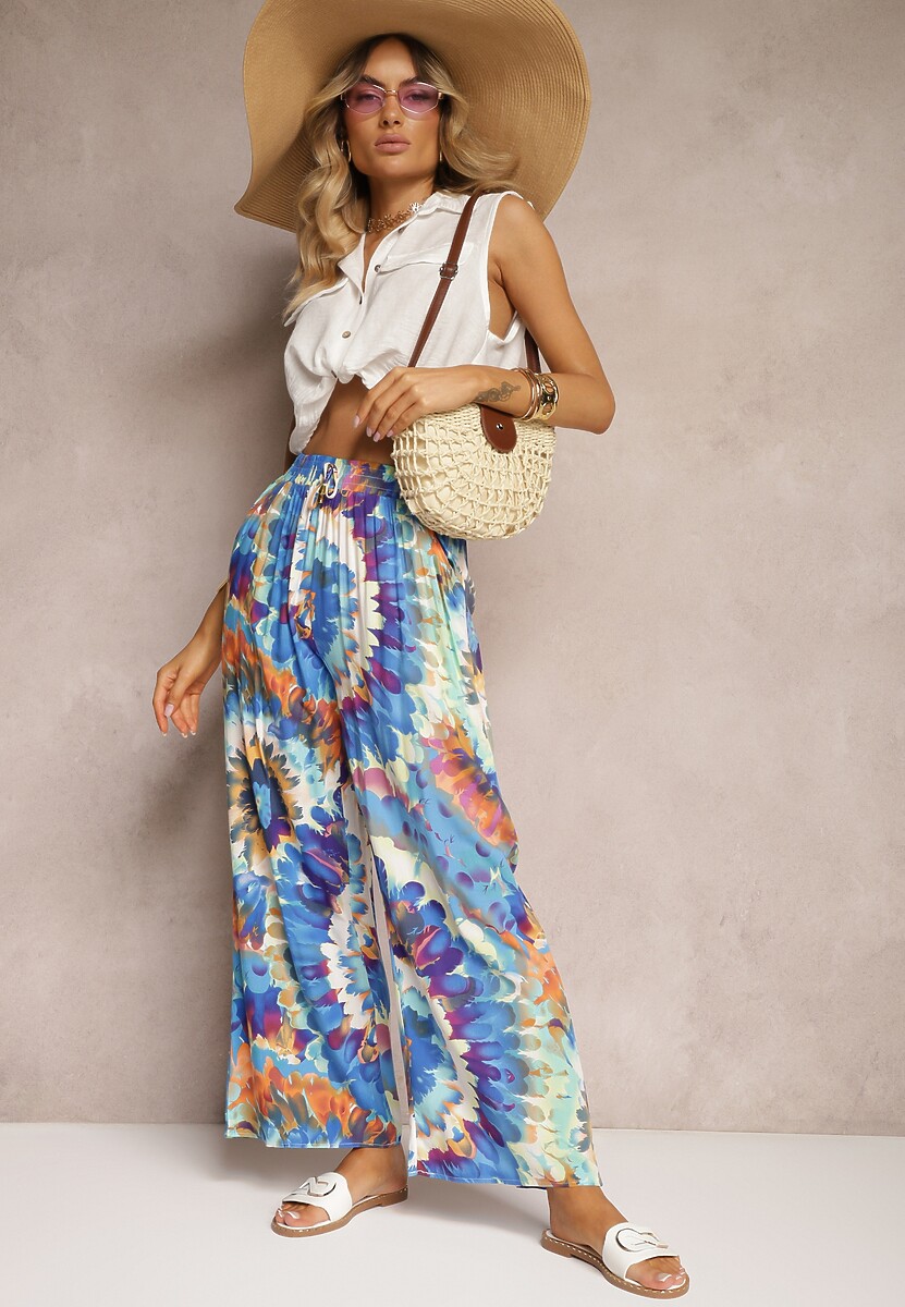Niebieskie Wiskozowe Spodnie o Szerokim Kroju High Waist Tie Dye z Gumką w Talii Nalflea