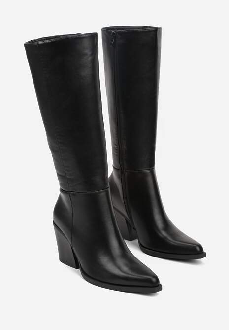 Czarne Kozaki do Kolana na Obcasie Typu Stożek ze Szpiczastym Noskiem Seorina