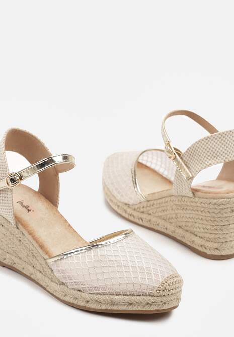 Złote Sandały w Stylu Espadryli z Plecionką i Siateczką Meranella