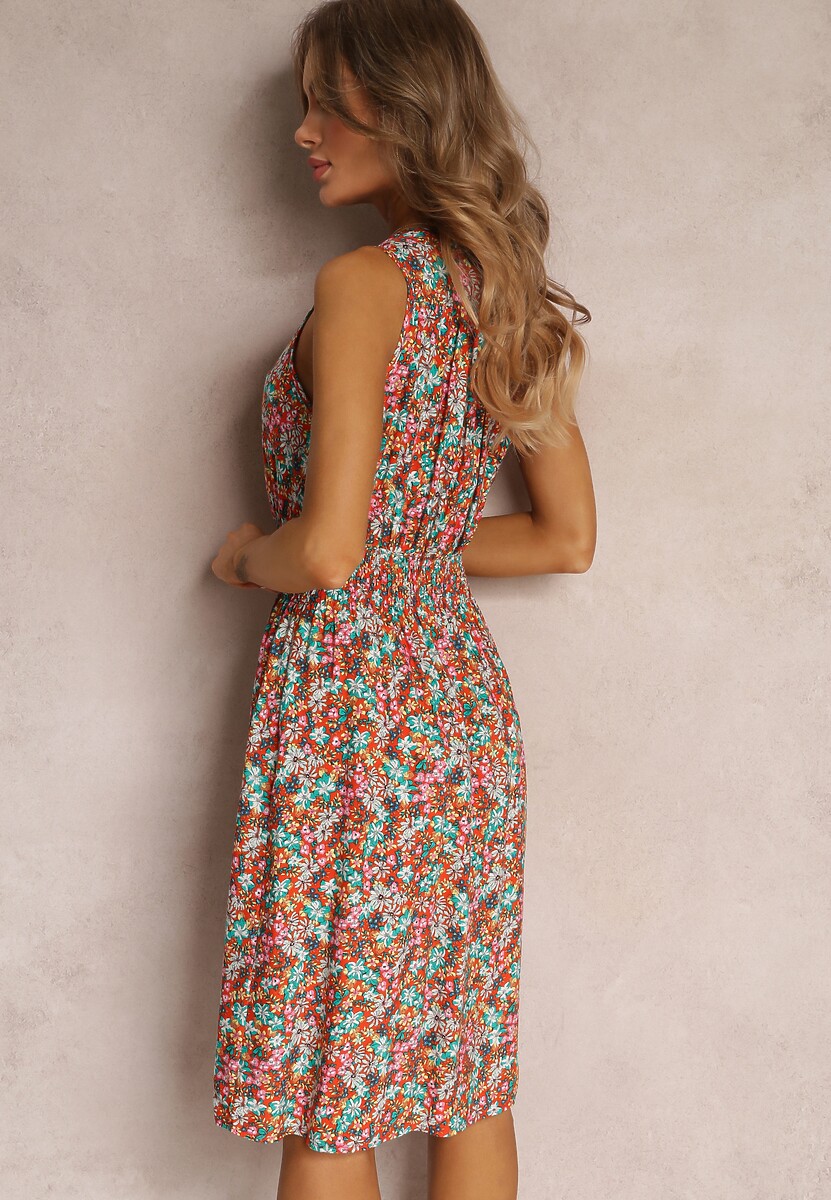Pomarańczowa Kwiecista Sukienka Midi z Wiskozy Bez Rękawów z Gumkami w Talii Sarunna