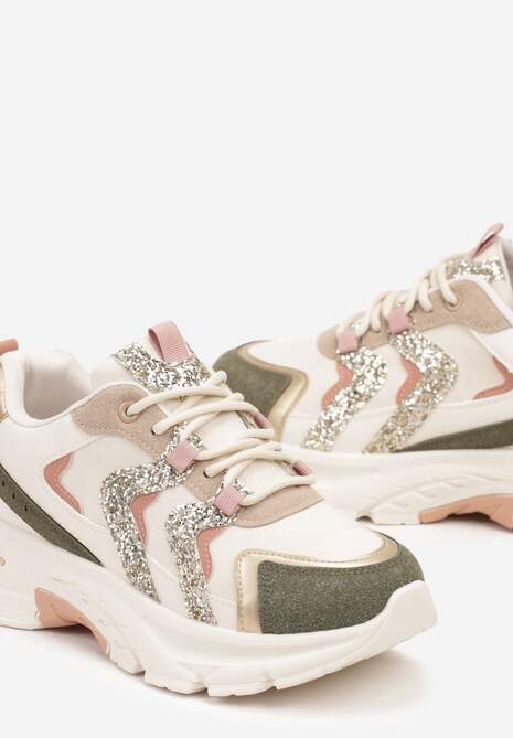 Zielono-Beżowe Sznurowane Sneakersy na Platformie Ozdobione Brokatem Betira