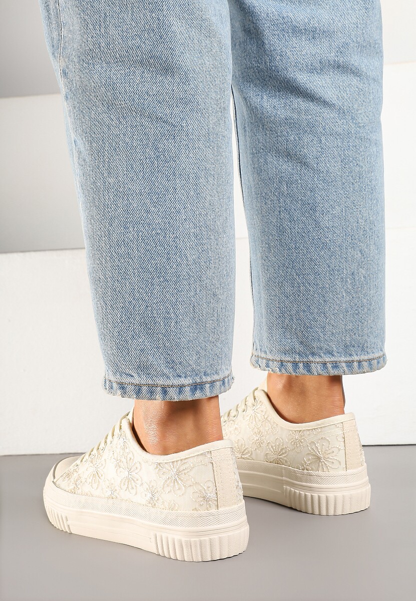 Beżowe Klasyczne Trampki z Cholewką z Haftem Meppane