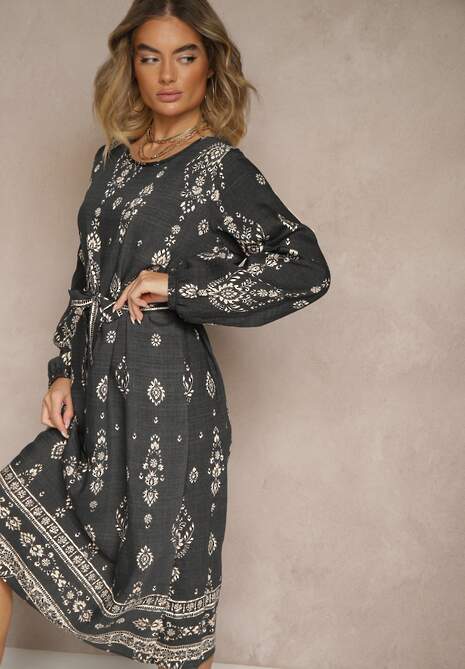 Ciemnoszara Pudełkowa Sukienka Boho w Etniczne Wzory z Paskiem Lisalenea