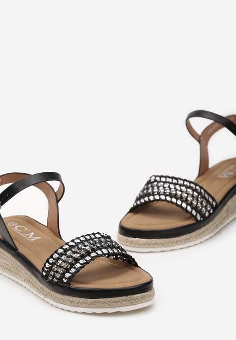 Czarne Sandały w Stylu Boho z Plecionką i Kryształkami Arigatta