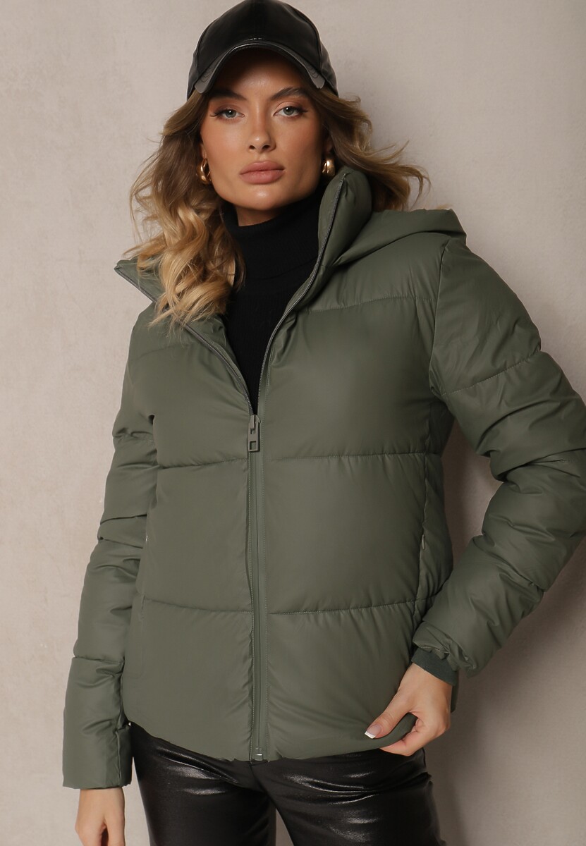 Beżowa Klasyczna Kurtka z Pikowanymi Przeszyciami Kapturem i Kieszeniami Anrinna