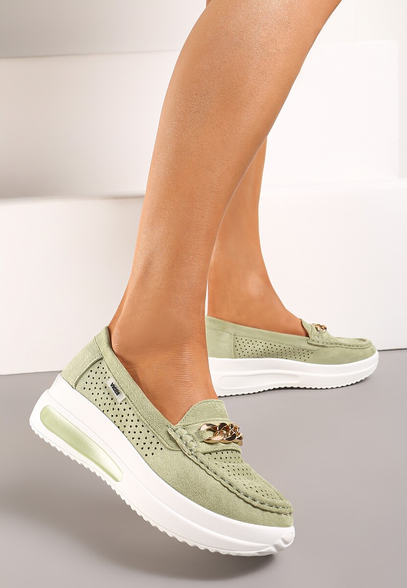 Zielone Mokasyny na Platformie z Łańcuszkiem Himenna