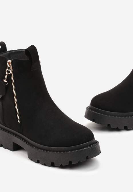 Czarne Botki z Ozdobną Taśmą z Nadrukiem Dudrey
