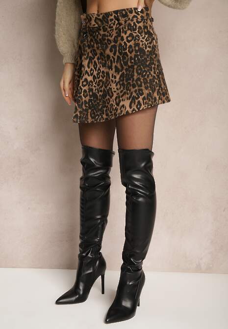 Brązowe Asymetryczne Panterkowe Spódnico-Szorty z Bawełny Senarea