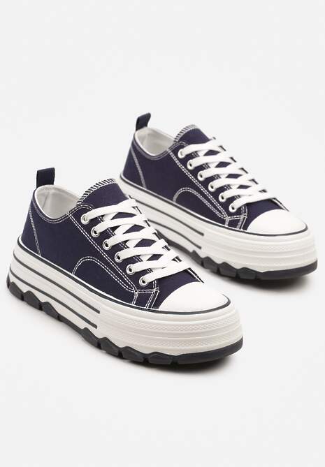 Granatowe Trampki na Platformie z Paskami i Niską Cholewką Zienelle