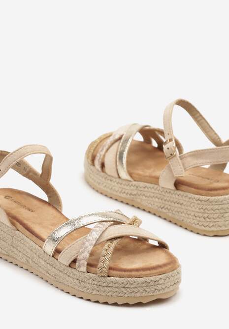Beżowe Sandały na Plecionej Podeszwie ze Splecionymi Paskami Emvania