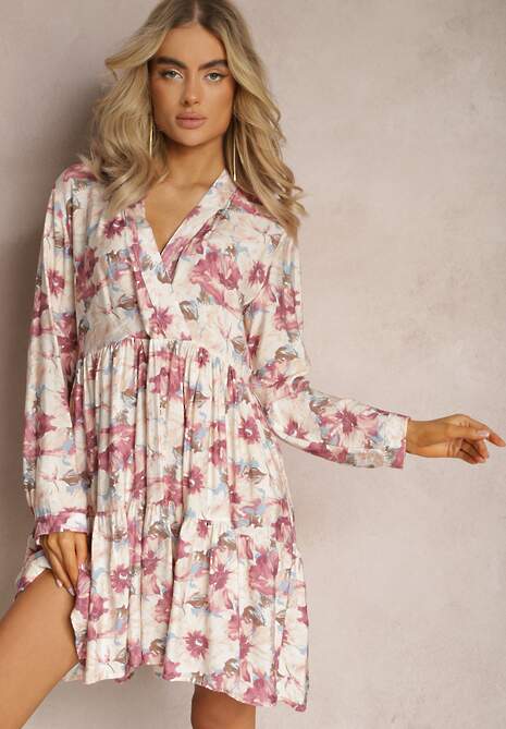 Beżowo-Różowa Sukienka Mini w Kwiatowy Wzór z Szeroką Falbanką na Dole Faeyra