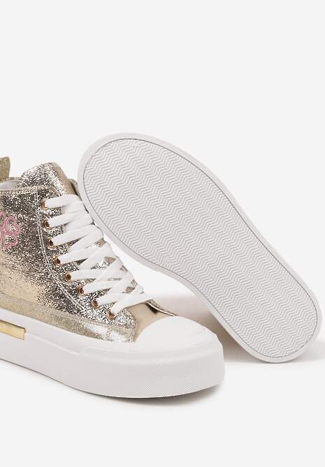 Złote Trampki na Platformie z Wysoką Cholewką Ozdobione Haftem Fonaril