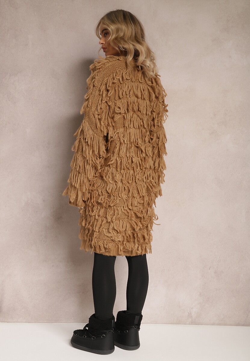 Brązowy Niezapinany Kardigan w Ozdobne Frędzle Massawa