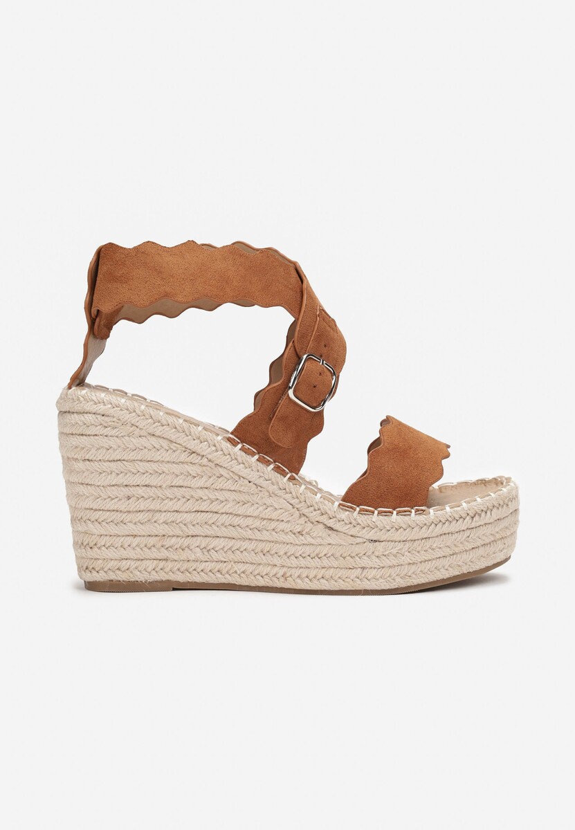 Brązowe Sandały na Koturnie z Juty z Ozdobnymi Paskami Rhexinn