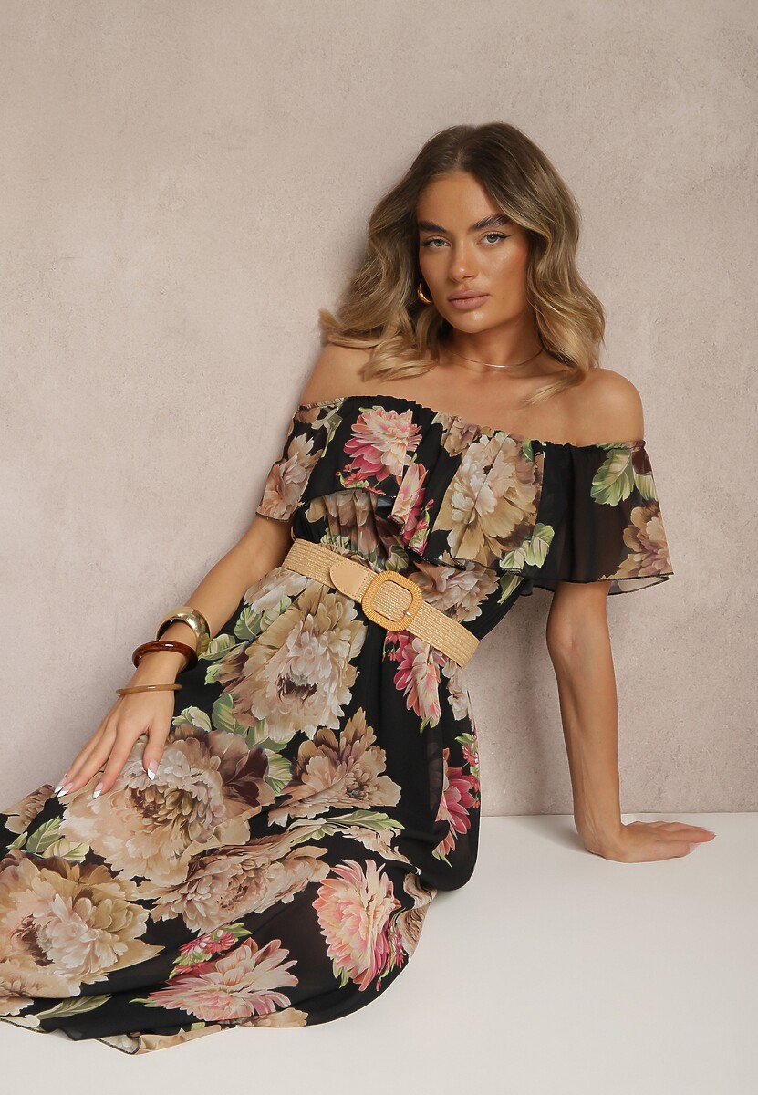 Fuksjowa Sukienka Hiszpanka z Kwiatowym Wzorem i Plecionym Paskiem Sadeene