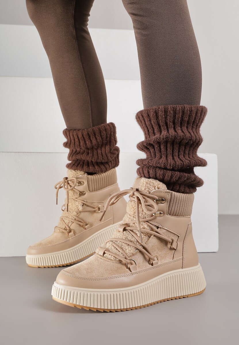 Ciemnobeżowe Śniegowce Trapery Vices na Płaskiej Podeszwie z Futerkiem w Stylu Baranka ze Sznurowaniem Temirits