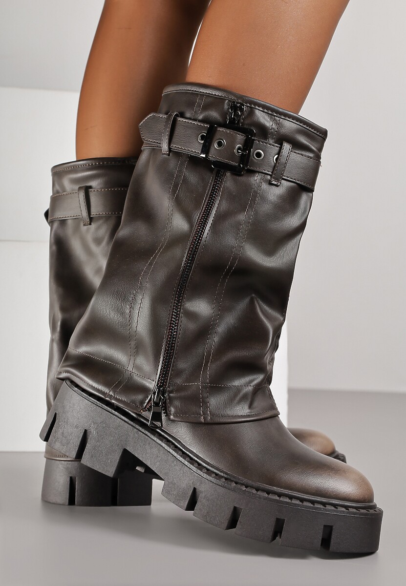 Brązowe Botki Biker Boots z Cholewką Imitującą Nogawkę z Klamerką Veresta